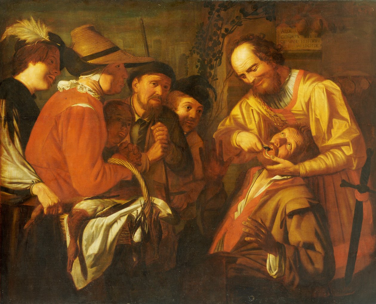 Ein Quacksalber zieht einen Zahn, während eine Gruppe von Zuschauern zusieht von Gerrit van Honthorst