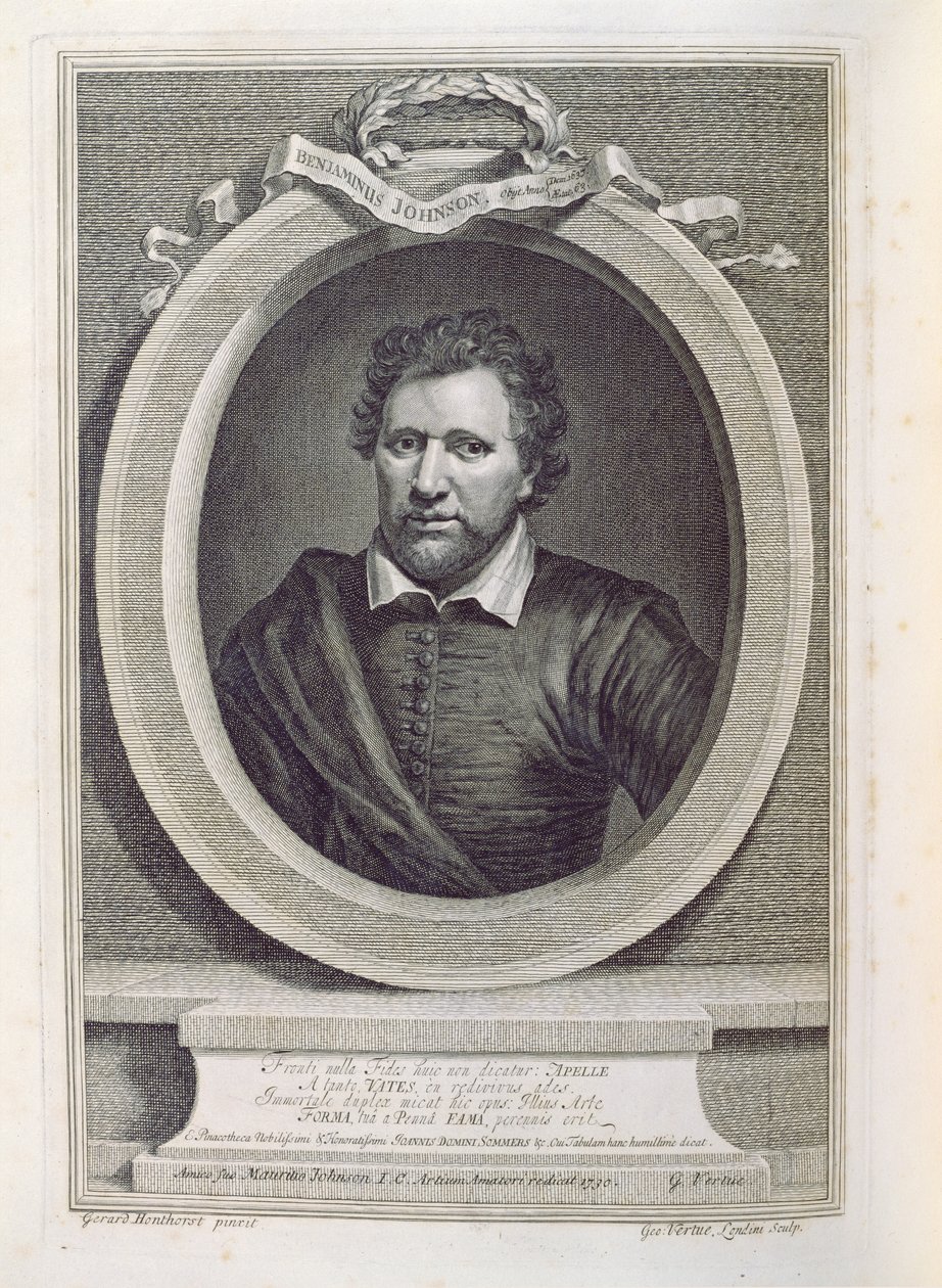 Ben Jonson (1573-1637), graviert von George Vertue, 1730 von Gerrit van Honthorst