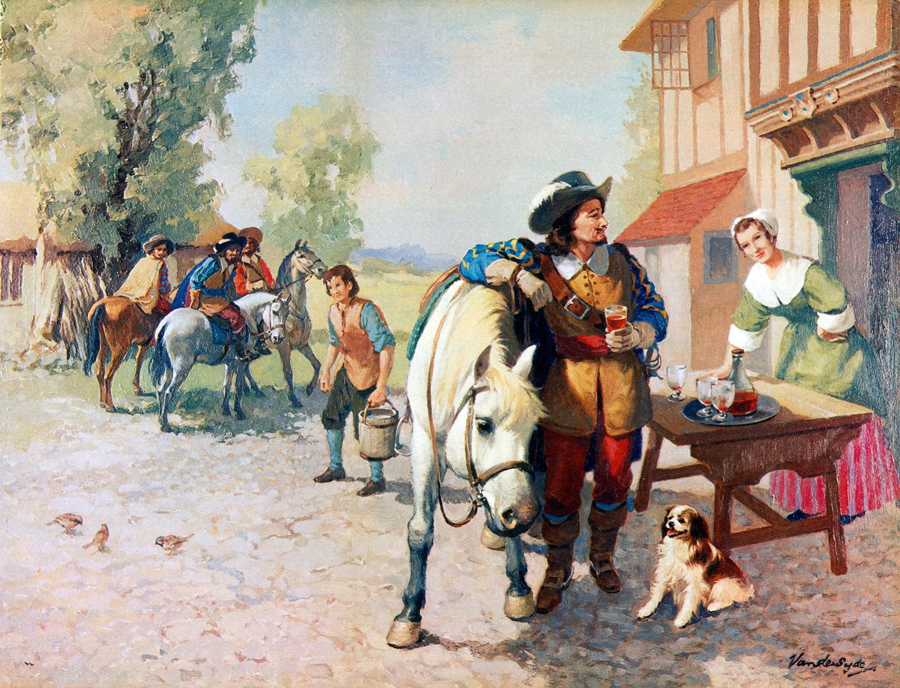 Vier Kavaliere auf dem Weg nach London finden einen Hund, der der erste King Charles Spaniel wurde von Gerritt Vandersyde
