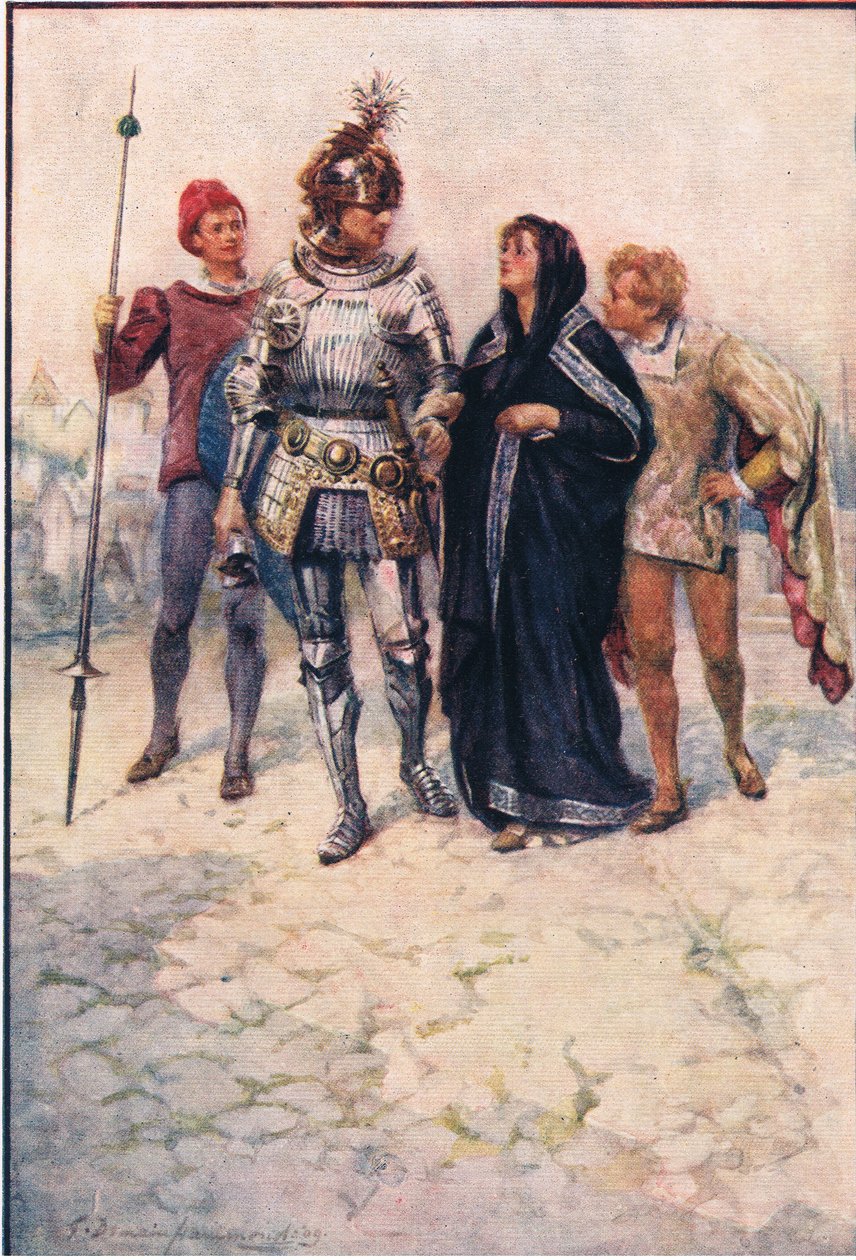 Prinz Arthur führt Belge und ihre Söhne in das Schloss, Geschichten aus der Feenkönigin, veröffentlicht von George Harrap and Company von Gertrude E. Demain (after) Hammond