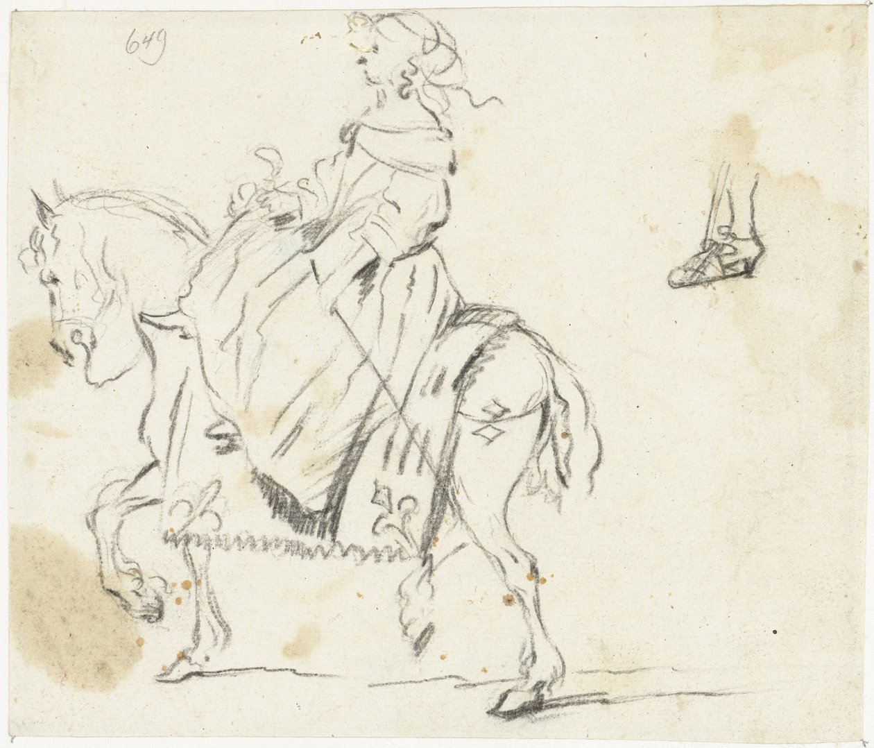 Frau zu Pferd, von der Seite gesehen, mit Skizze eines Unterschenkels und Fußes von Gesina ter Borch