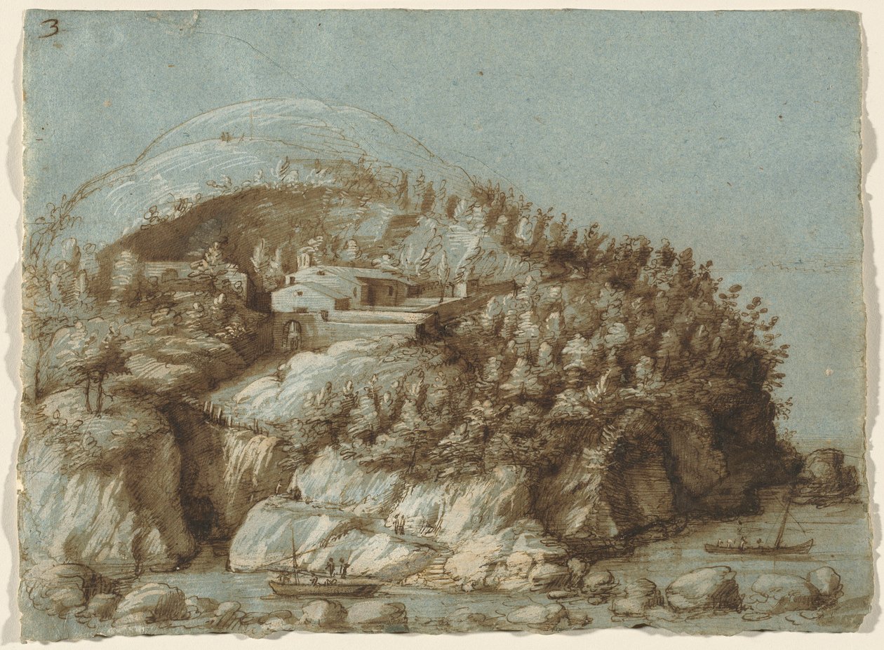 Hügelige Landschaft mit Schiffen von Gherardo Cibo