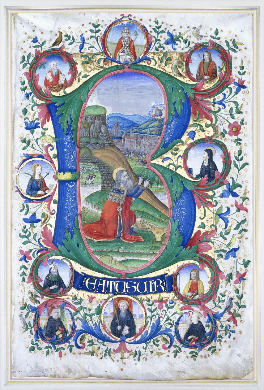 König David im Gebet innerhalb eines sehr großen Initials "B", die Umrandung mit zehn großen Rundbildern, die jeweils das Porträt eines Heiligen enthalten, ca. 1500 von Gherardo di Giovanni del Fora
