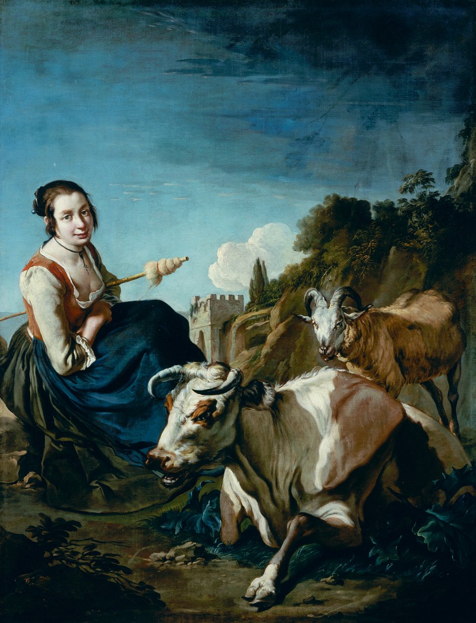 Ein Mädchen mit einer Kuh und Schafen in einer felsigen Landschaft von Giacomo Ceruti