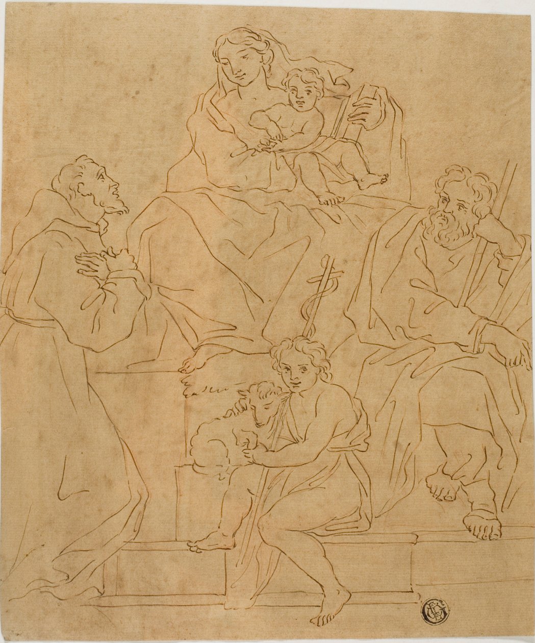 Heilige Familie mit dem heiligen Franziskus von Assisi und dem kleinen Johannes dem Täufer von Giacomo Cavedone