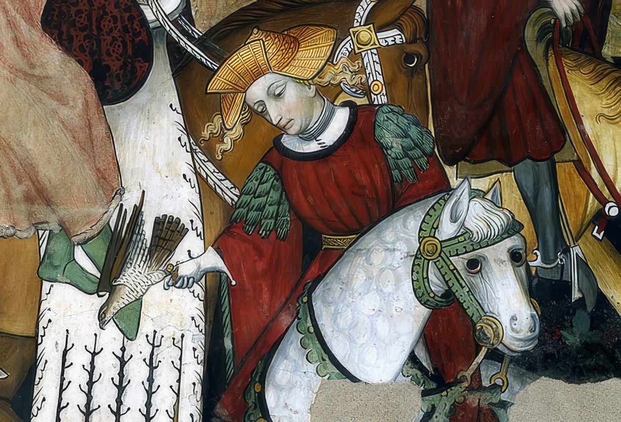 Der Jungbrunnen (Detail: ein Falkner mit seinem Vogel) von Giacomo Jaquerio
