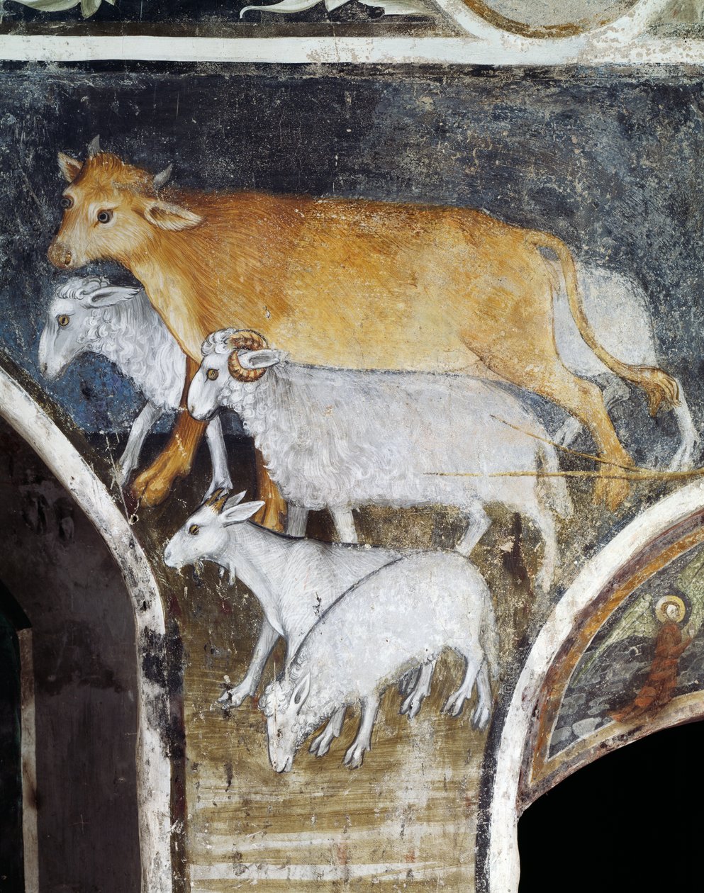 Nutztiere, Detail aus Fresko von Giacomo Jaquerio (1375-1453), Abtei St. Antonius von Ranverso, Buttigliera Alta, Piemont, Italien von Giacomo Jaquerio