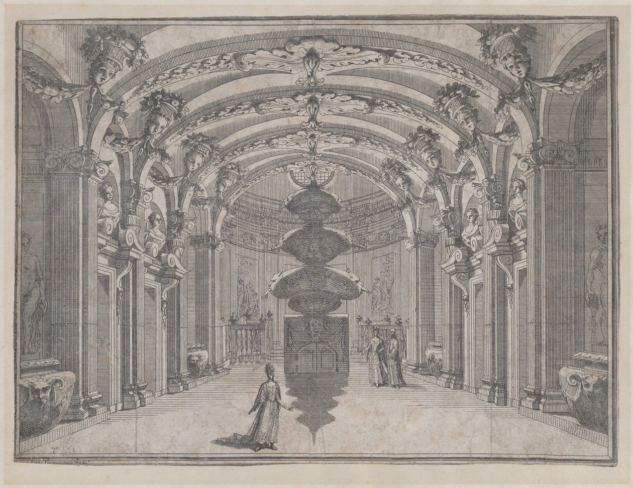 Theaterszene in einem großen Saal mit gewölbter Decke und einer zentralen Skulptur, ca. 1687-1717 von Giacomo Maria Giovannini
