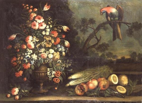 Stillleben, gemischte Blumen, Gemüse und Papagei von Giacomo Nani