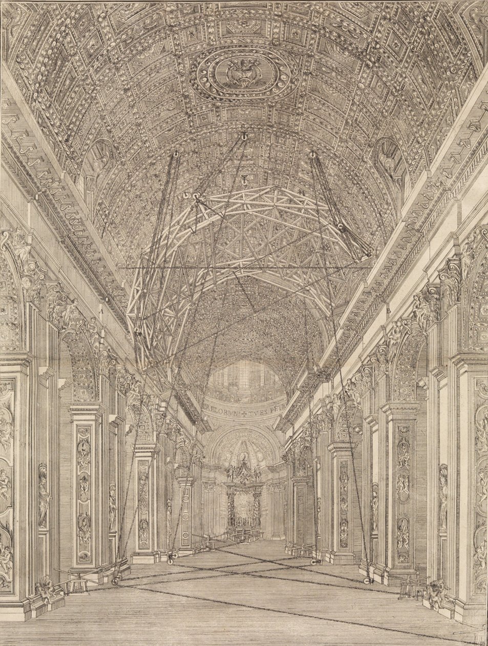 Gerüst für die Restaurierung des Gewölbes in der Petersbasilika errichtet: Übersicht, ca. 1773. von Giacomo Sangermano