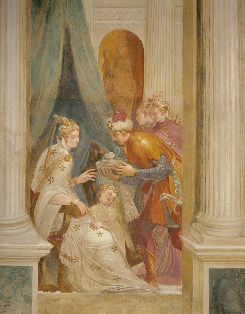 Rechte Wand, die Sophonisba mit ihrem Kind zeigt, wie sie den nächsten Giftbecher erhält (Fresko) von Giambattista (1526 78) Zelotti