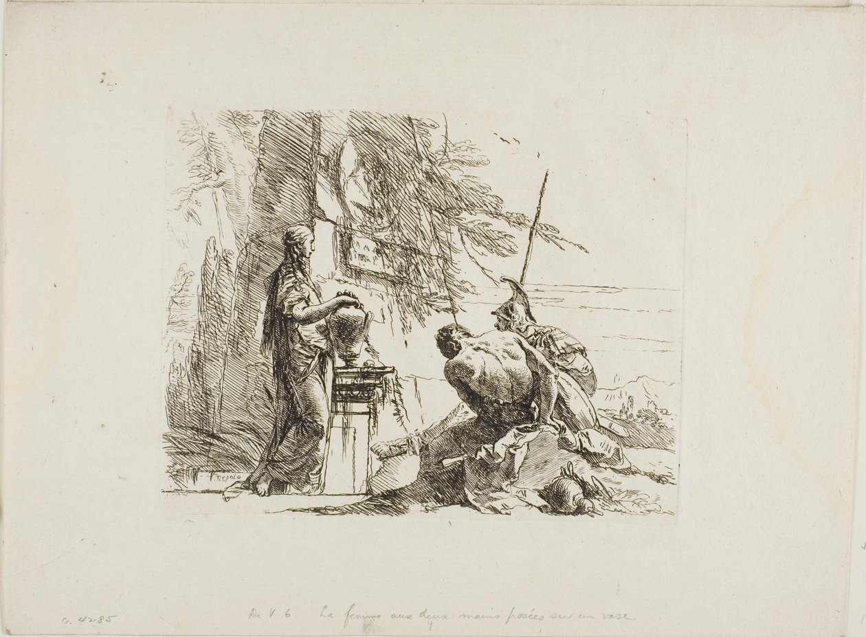 Eine Frau mit den Händen auf einer Vase, Soldat und Sklave, aus Capricci von Giambattista Tiepolo