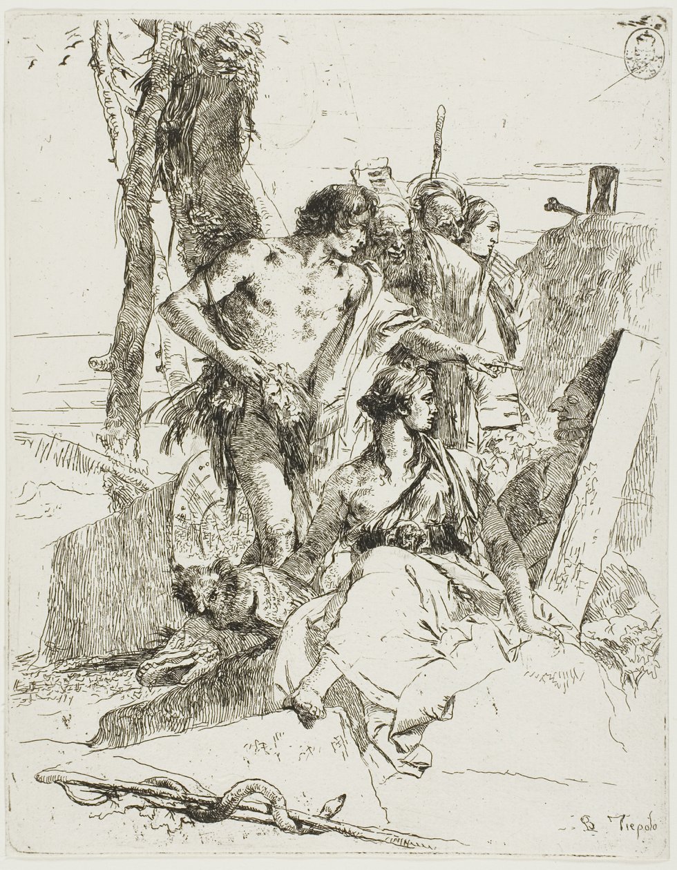 Die Entdeckung des Grabes von Punchinello, aus Scherzi von Giambattista Tiepolo