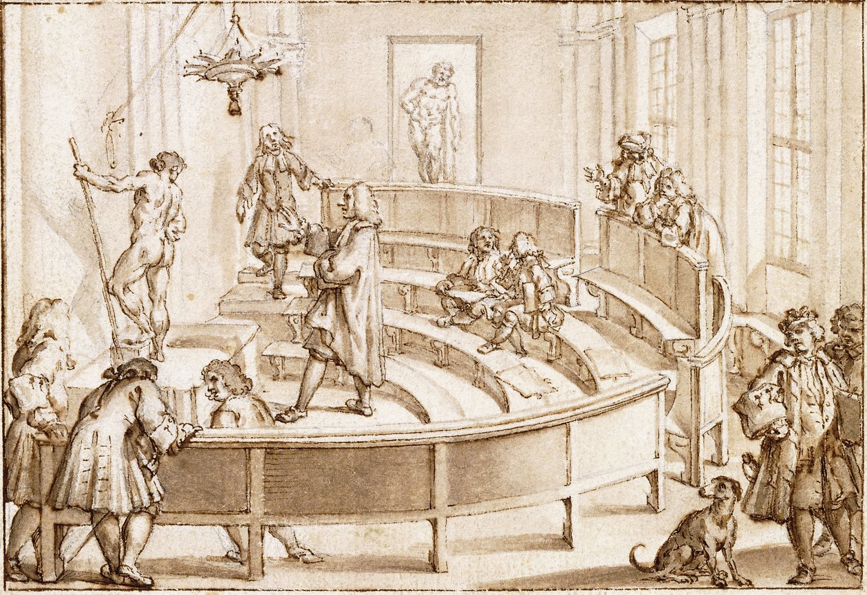 Die Academia Clementina, Bologna, mit einem Akt, der vom Zeichenlehrer positioniert wird, der Farnese-Herkules dahinter von Giampietro Zanotti