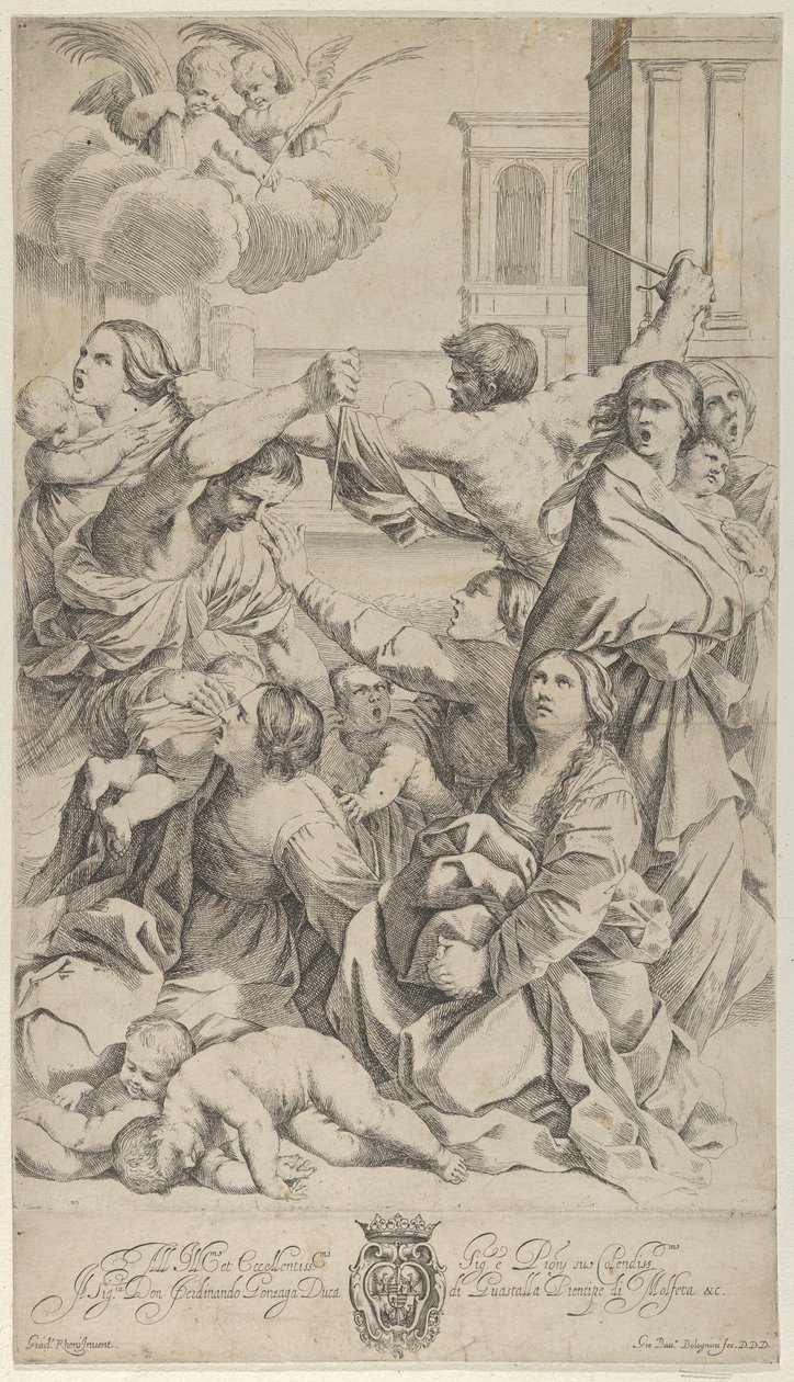 Massaker der Unschuldigen, Gruppe von Frauen und Kindern wird angegriffen, zwei Engel, ca. 1640-70. von Gian Battista Bolognini
