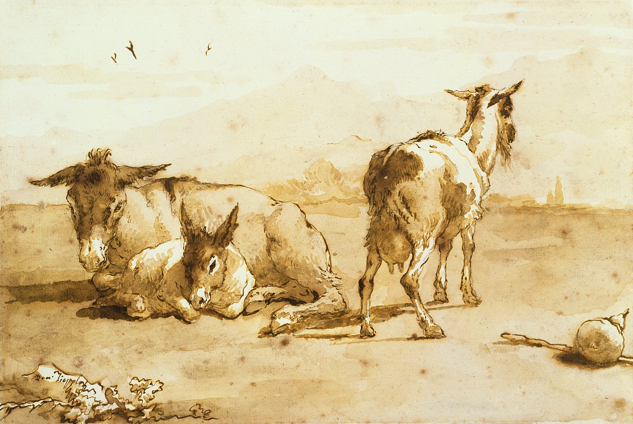 Zwei Esel und eine Ziege in einer Landschaft von Giovanni Domenico Tiepolo