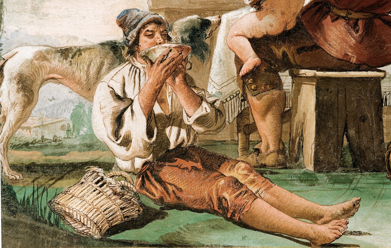 (Detail) Bauernfamilie am Tisch, aus dem Raum der ländlichen Szenen, in der Foresteria, 1757 von Giovanni Domenico Tiepolo