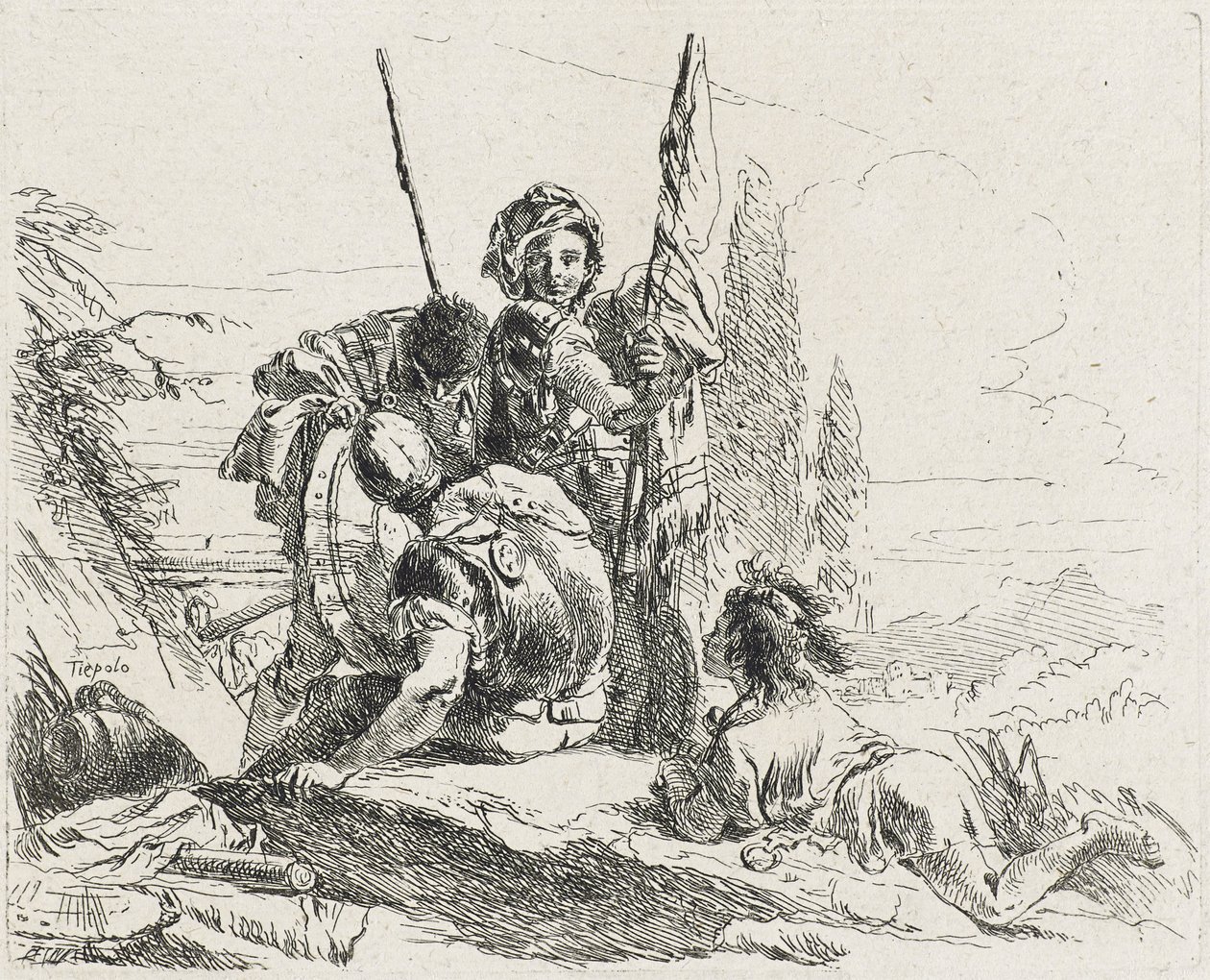 Drei Soldaten und ein Junge, 1749 von Giovanni Domenico Tiepolo