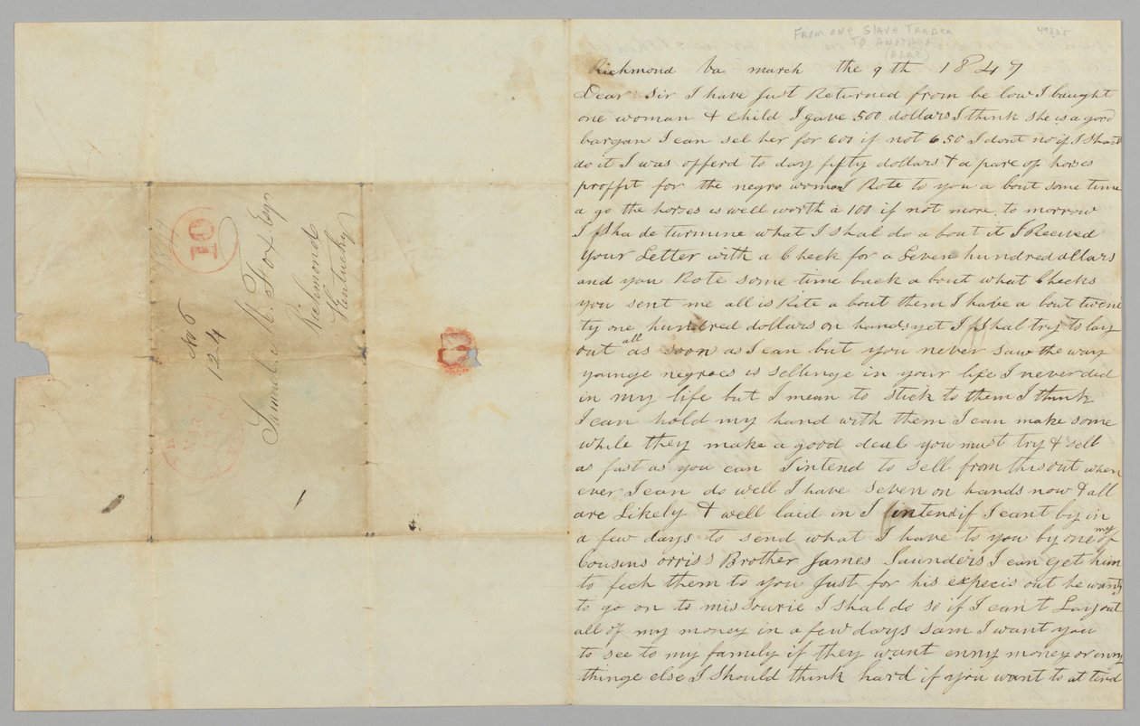 Brief an Samuel Fox von Giles Saunders über den Sklavenhandel, 9. März 1847 von Giles Saunders