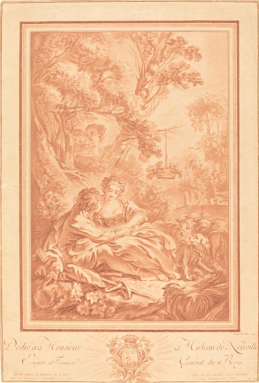 Zwei Liebende am Fuße eines großen Baumes, überrascht von zwei Mädchen von Gilles Demarteau, the Elder after François Boucher
