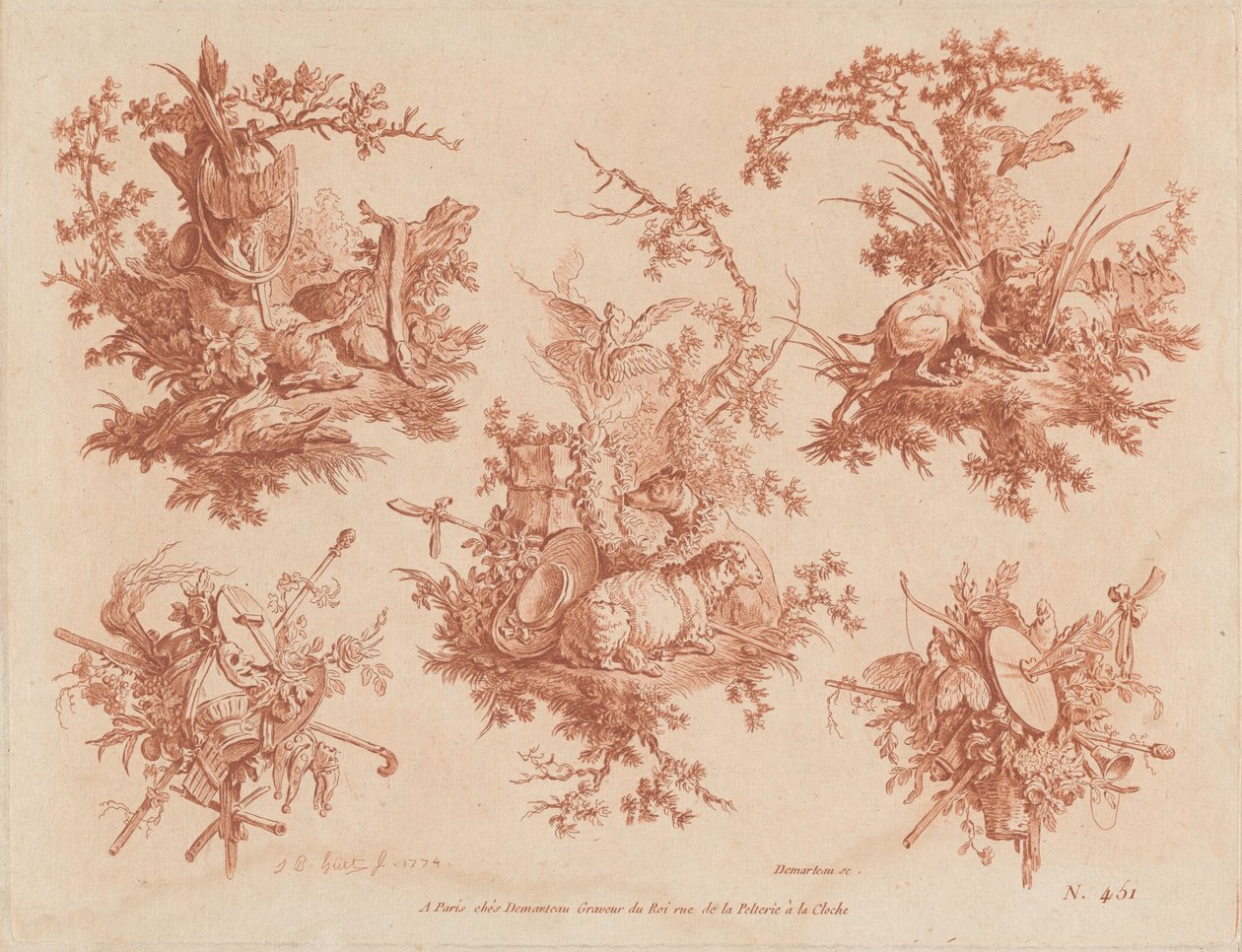 Fünf Trophäen mit Themen von Jagd, Liebe und Torheit von Gilles Demarteau, the Elder, and Jean Baptiste Hüet