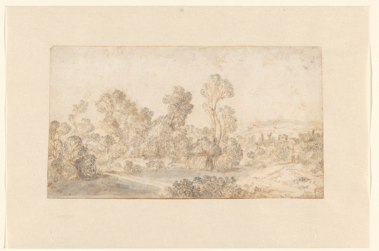 Hügelige Landschaft mit hohen Bäumen entlang eines Flusses von Gillis Claesz de Hondecoeter