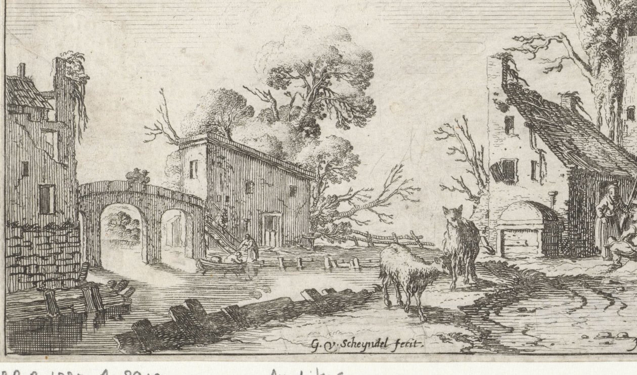 Bauernhof und Turm an einem Fluss (das Gehör) von Gillis van Scheyndel (I)