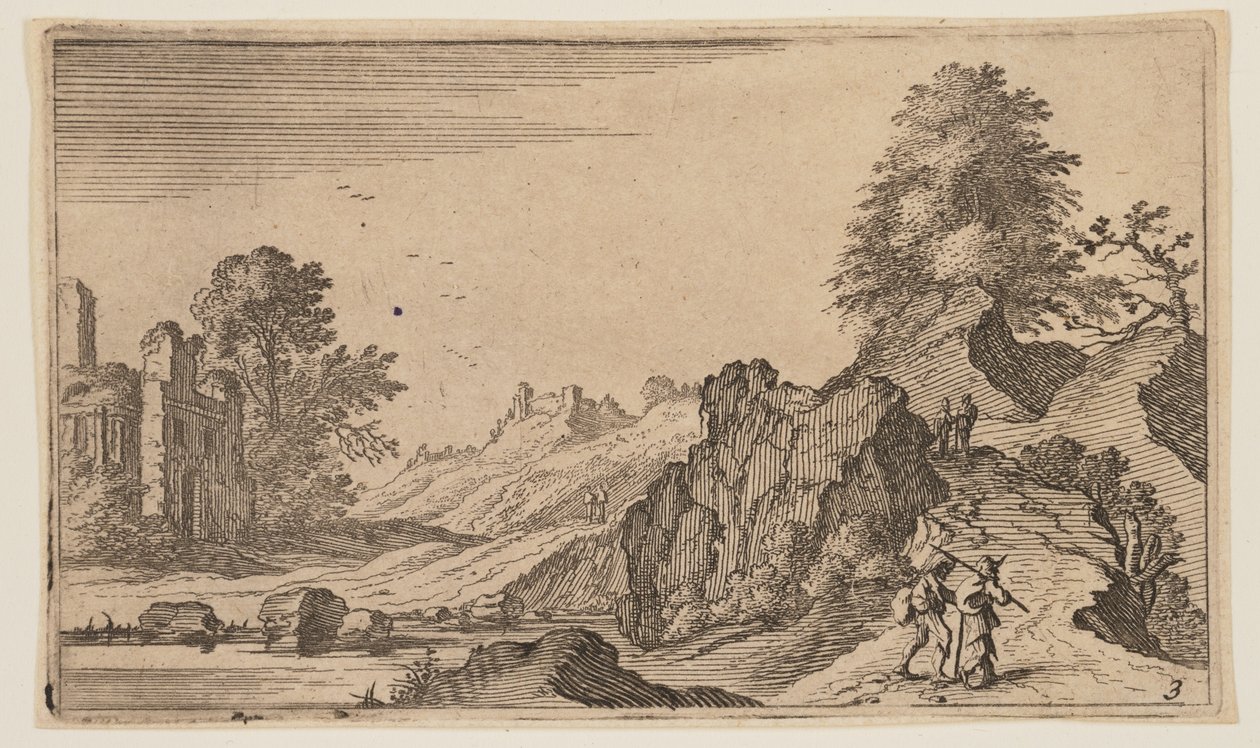 Fußgänger auf einem Pfad bei Felsen, Ruinen jenseits des Wassers links, aus Zwölf Landschaften von Gillis van Scheyndel