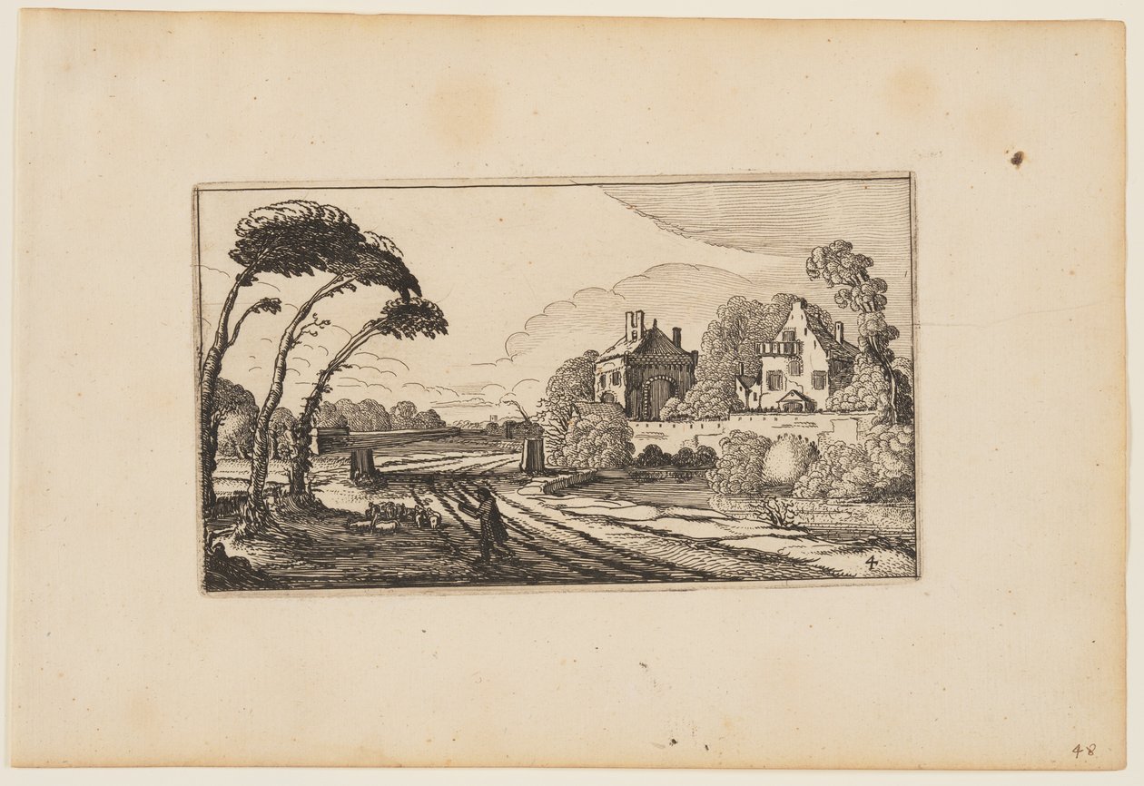Straße links von einem wasserumgebenen und ummauerten Landhaus, aus Zwölf Landschaften mit Figuren von Gillis van Scheyndel