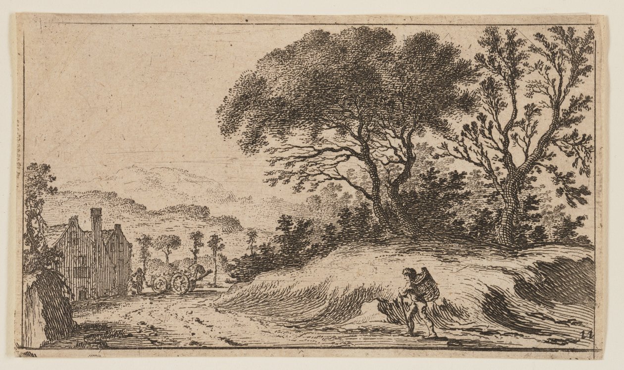 Reisender auf einem Pfad vor drei Bäumen auf einem Hügel rechts, aus Zwölf Landschaften von Gillis van Scheyndel