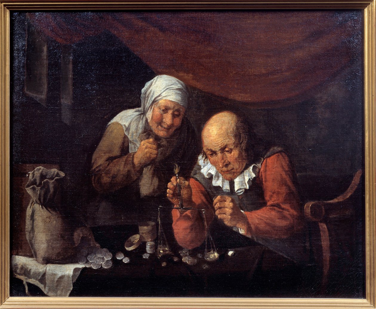 Das gierige Paar alter Männer, das seine Besitztümer wiegt. Gemälde von Gillis Van Tilborgh von Gillis van Tilborgh