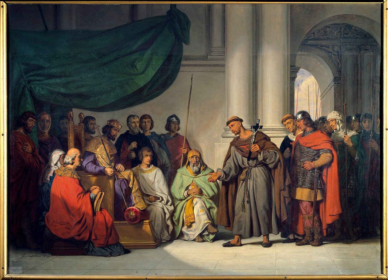 Erster Kreuzzug: Der östliche Kaiser Alexios Komnenos empfängt Peter den Einsiedler, der ihn im August 1096 in Konstantinopel zur Teilnahme am Kreuzzug auffordert von Gillot Saint Evre
