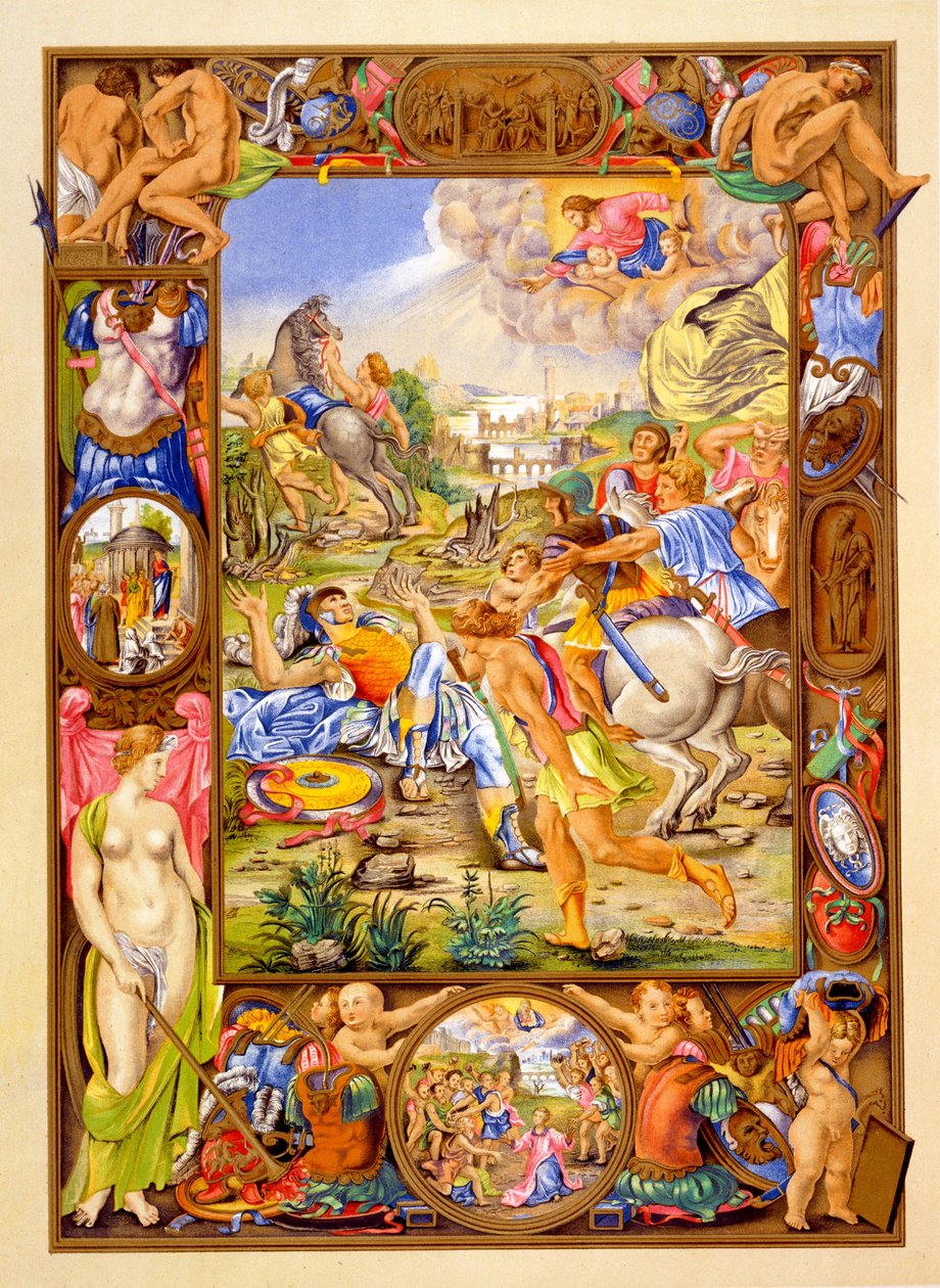 Faksimile einer Manuskriptillustration der Bekehrung des Hl. Paulus aus Kommentaren zu den Paulusbriefen an die Römer, erstmals veröffentlicht im 15. Jahrhundert von Giorgio Giulio Clovio