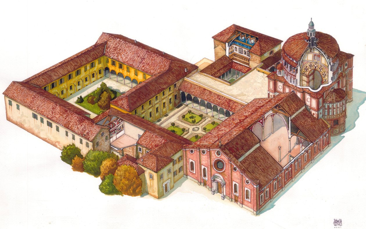 Luftaufnahme der Kirche Santa Maria delle Grazie, gegründet 1463 von den Dominikanern in Mailand, Italien. Im Refektorium ist das Abendmahl von Leonardo da Vinci sichtbar von Giorgio Albertini