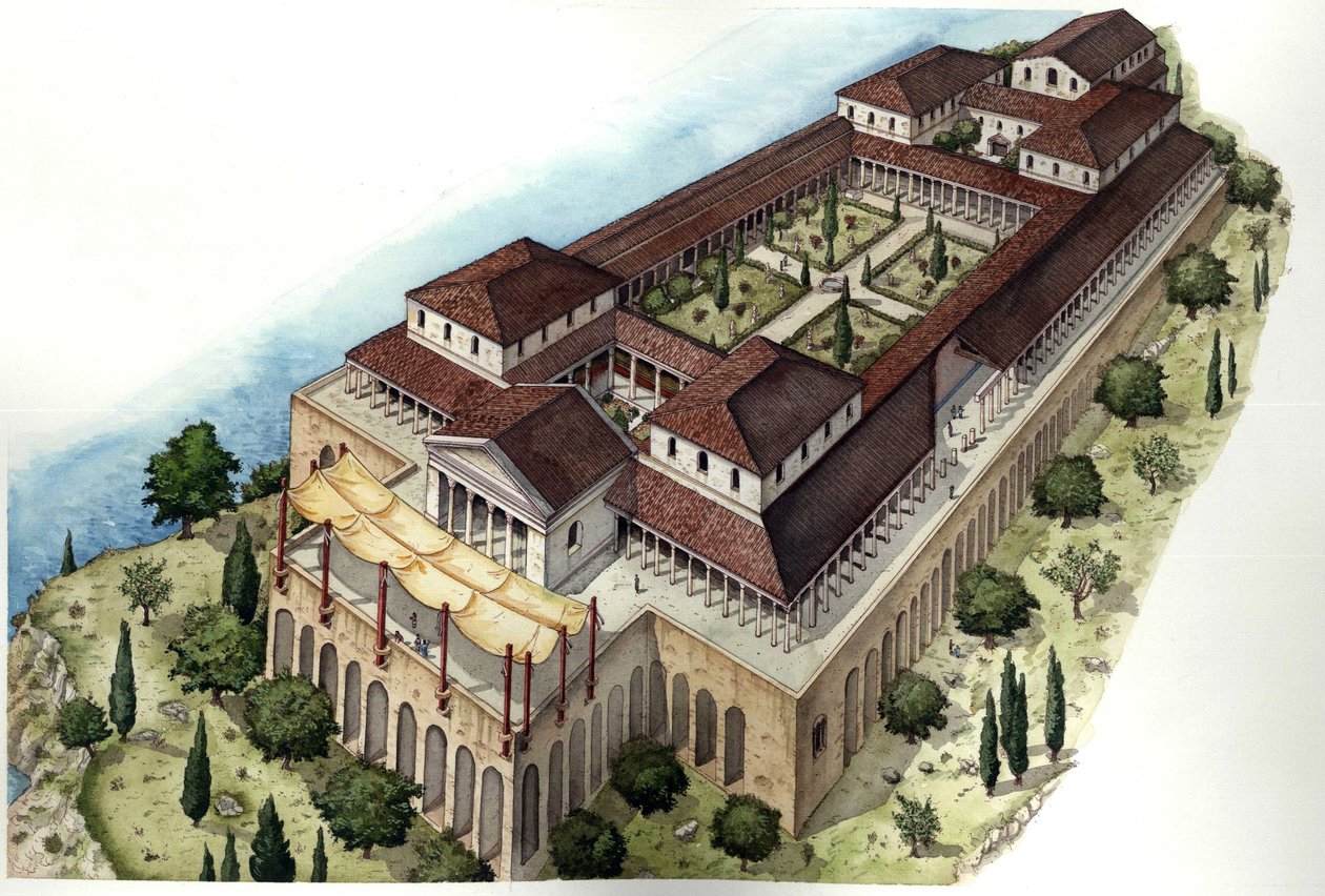 Antikes Rom: Rekonstruktion der römischen Villa Catulle oder Cave di Catullo, Residenz des gleichnamigen lateinischen Dichters (1. Jahrhundert v. Chr.), gelegen um Sirmione, am südlichen Ufer des Gardasees. Italien. von Giorgio Albertini