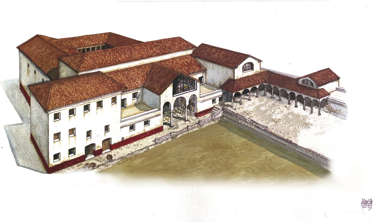 Antikes Rom: Rekonstruktion der Villa des Löwen (Casa oder Domus dei Leoni) in Ostia Antica (Ostia), 3. Jahrhundert v. Chr. Italien. Illustration von Giorgio Albertini. von Giorgio Albertini
