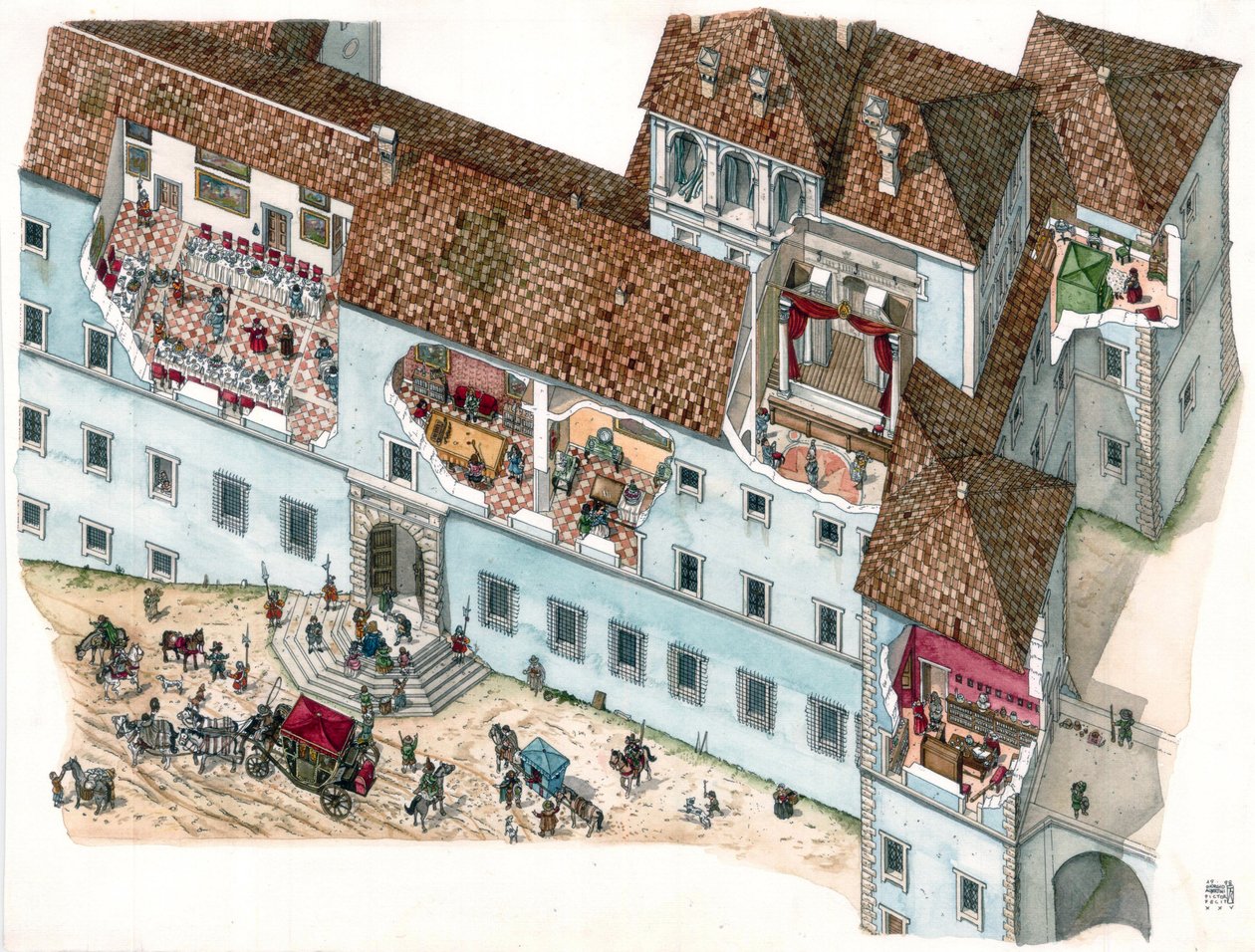 Barockkunst: Ansicht und architektonischer Schnitt des Palastes Chigi in Ariccia, Lazio, im 17. Jahrhundert. Das Innere der Familienräume und die Abhängigkeiten der Diener sind sichtbar. Italien von Giorgio Albertini