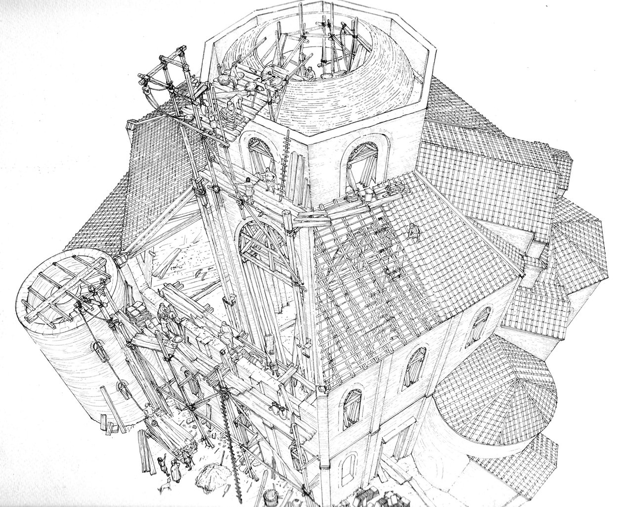 Byzantinische Kunst: Darstellung der Baustelle der Basilika San Vitale in Ravenna im 5. Jahrhundert. Luftansicht zeigt die Arbeiter auf dem Gerüst, die am Rahmen der Kuppel arbeiten. Italien Illustration von Giorgi von Giorgio Albertini