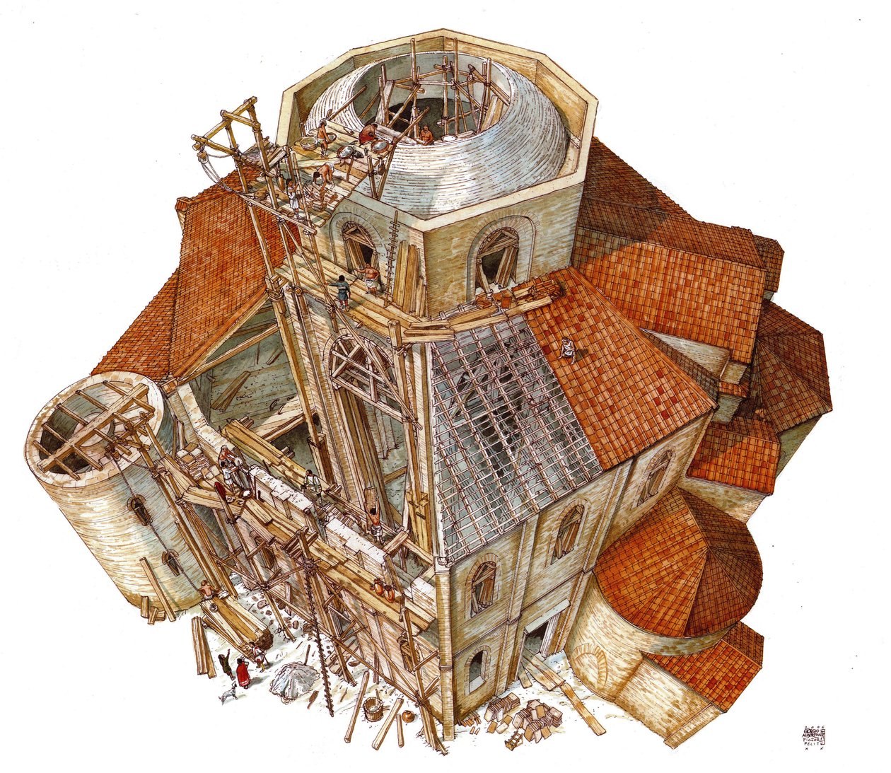 Byzantinische Kunst: Darstellung der Baustelle der Basilika von St. Vital (San Vitale) in Ravenna im 5. Jahrhundert. Luftansicht zeigt die Arbeiter auf dem Gerüst, die am Rahmen der Kuppel arbeiten. Italien Illustration von Giorgio Albertini von Giorgio Albertini