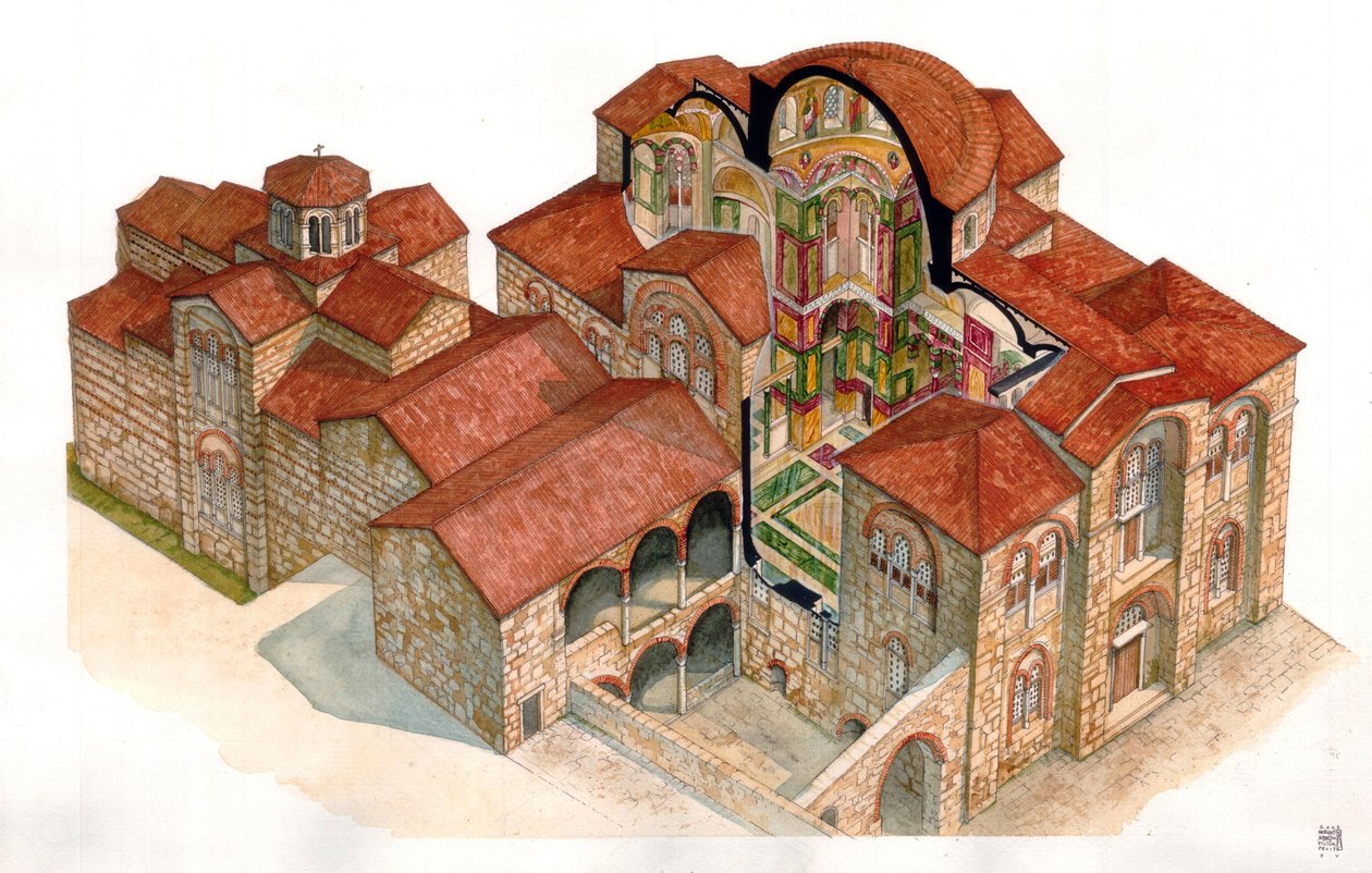 Byzantinische Kunst: Ansicht und architektonischer Schnitt des Klosters Hosios Loukas, erbaut im 11. Jahrhundert, Griechenland von Giorgio Albertini