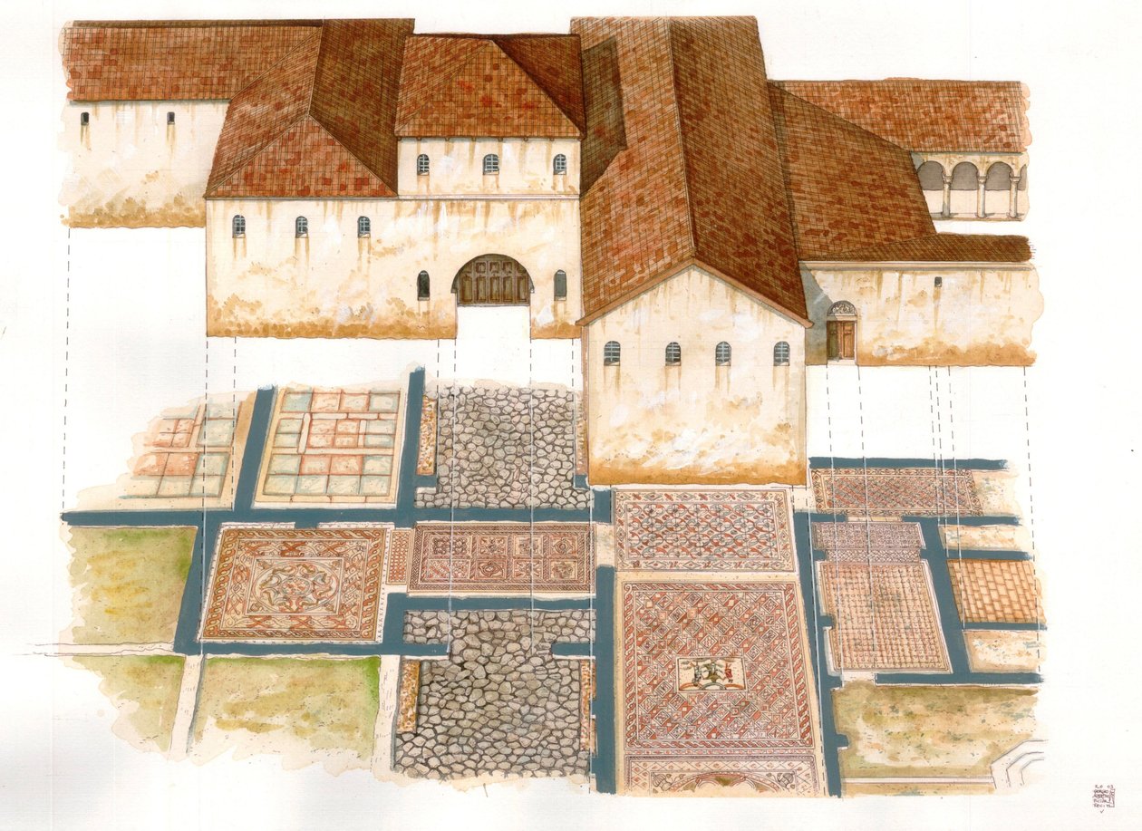 Byzantinische Kunst: Ansicht der Domus-Stätte der Steinteppiche (dei tappeti di pietra) in Ravenna im 6. Jahrhundert, bestehend aus Mosaiken eines byzantinischen Palastes. von Giorgio Albertini