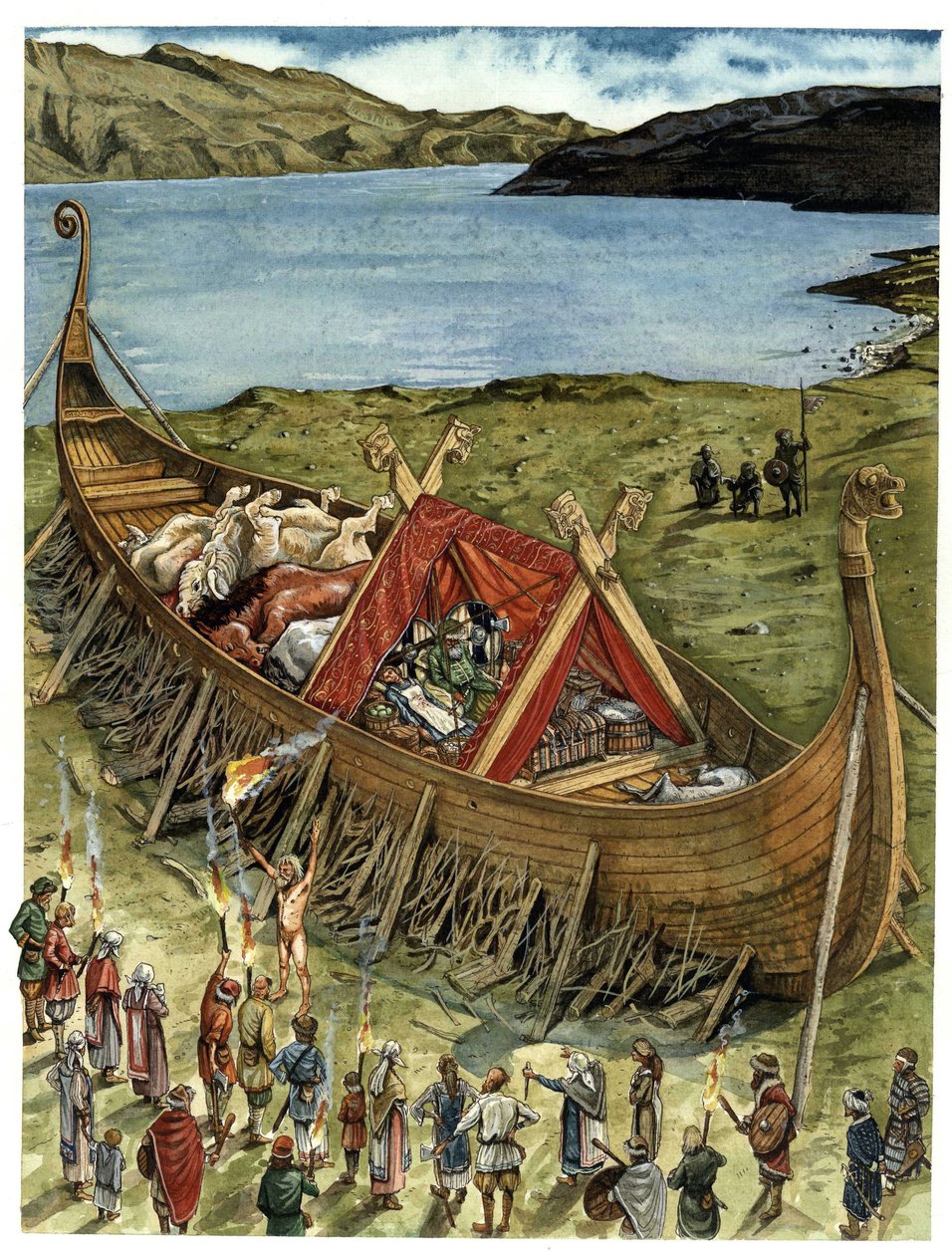 Zeremonie der Beerdigung bei den Wikingern, der Verstorbene wird in ein gescheitertes Boot (Drakkar) gelegt, gefüllt mit geopferten Tieren und Gegenständen des Begräbnisbeigaben, wartend auf die Einäscherung. 10. Jahrhundert von Giorgio Albertini