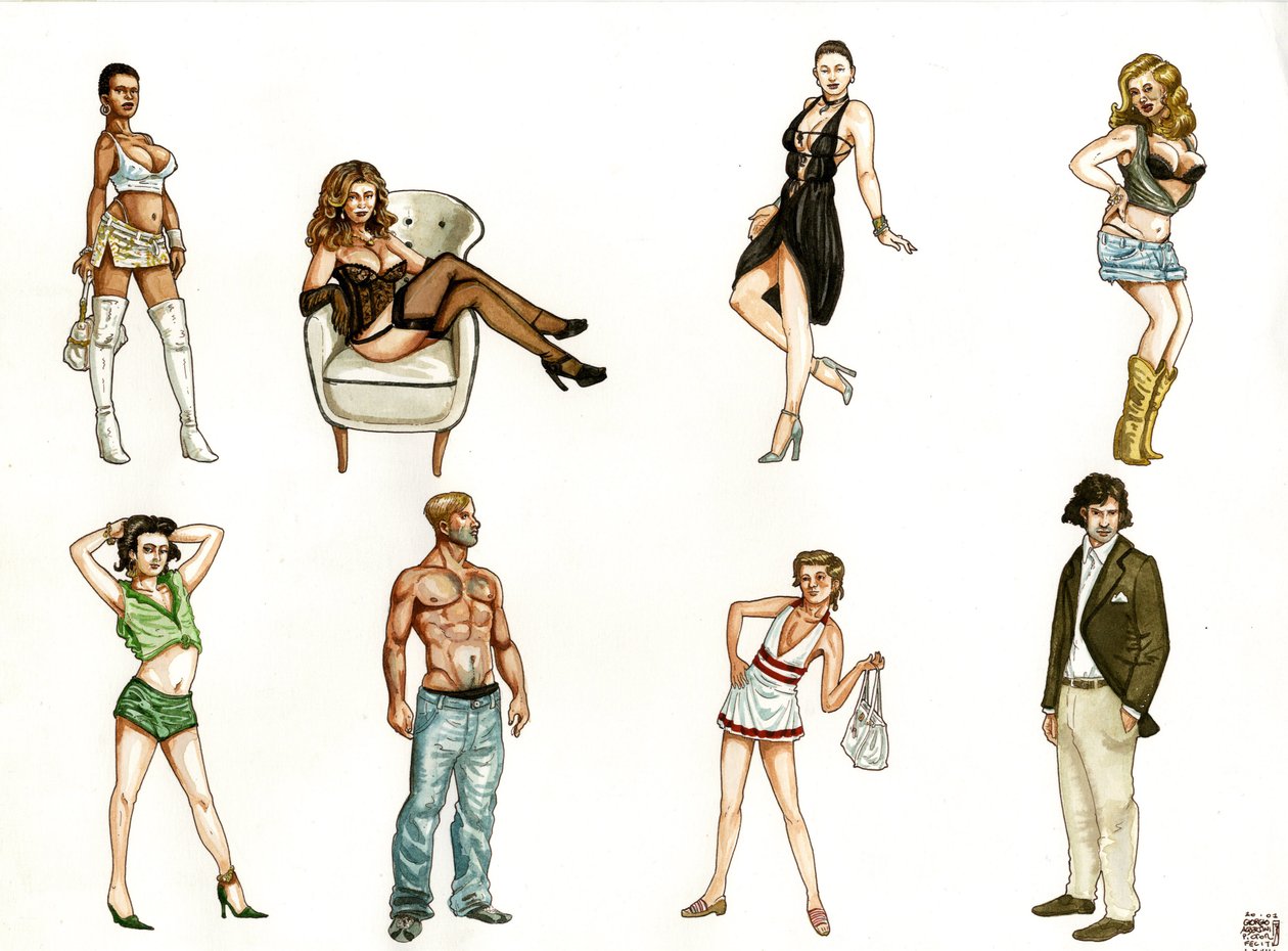 Kostüme von Prostituierten und Gigolos mit provokativen Haltungen und verschiedenen Stilen von Giorgio Albertini