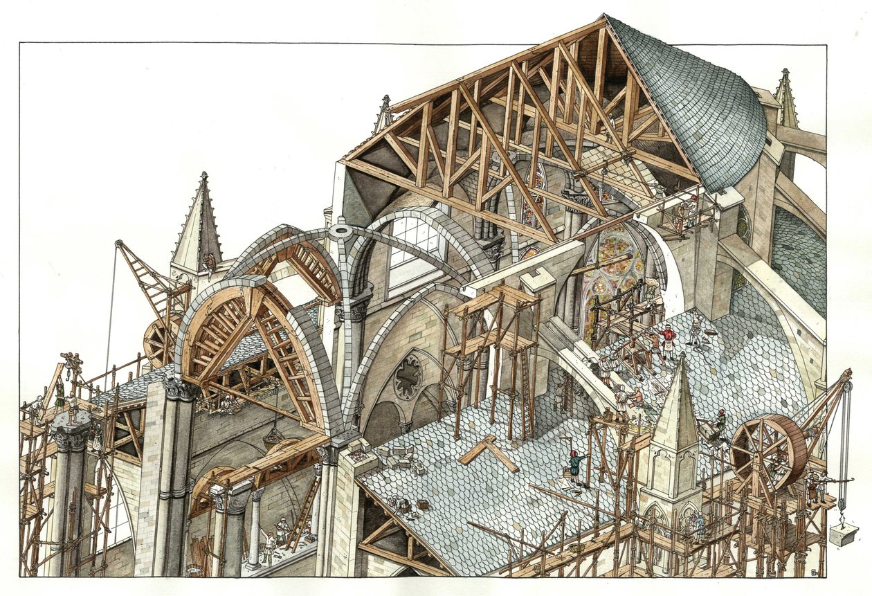 Gotische Kunst: Rekonstruktion der Baustelle einer gotischen Kathedrale, die Arbeiter klettern auf Gerüsten und benutzen Flaschenzüge. 13. Jahrhundert Illustration von Giorgio Albertini von Giorgio Albertini
