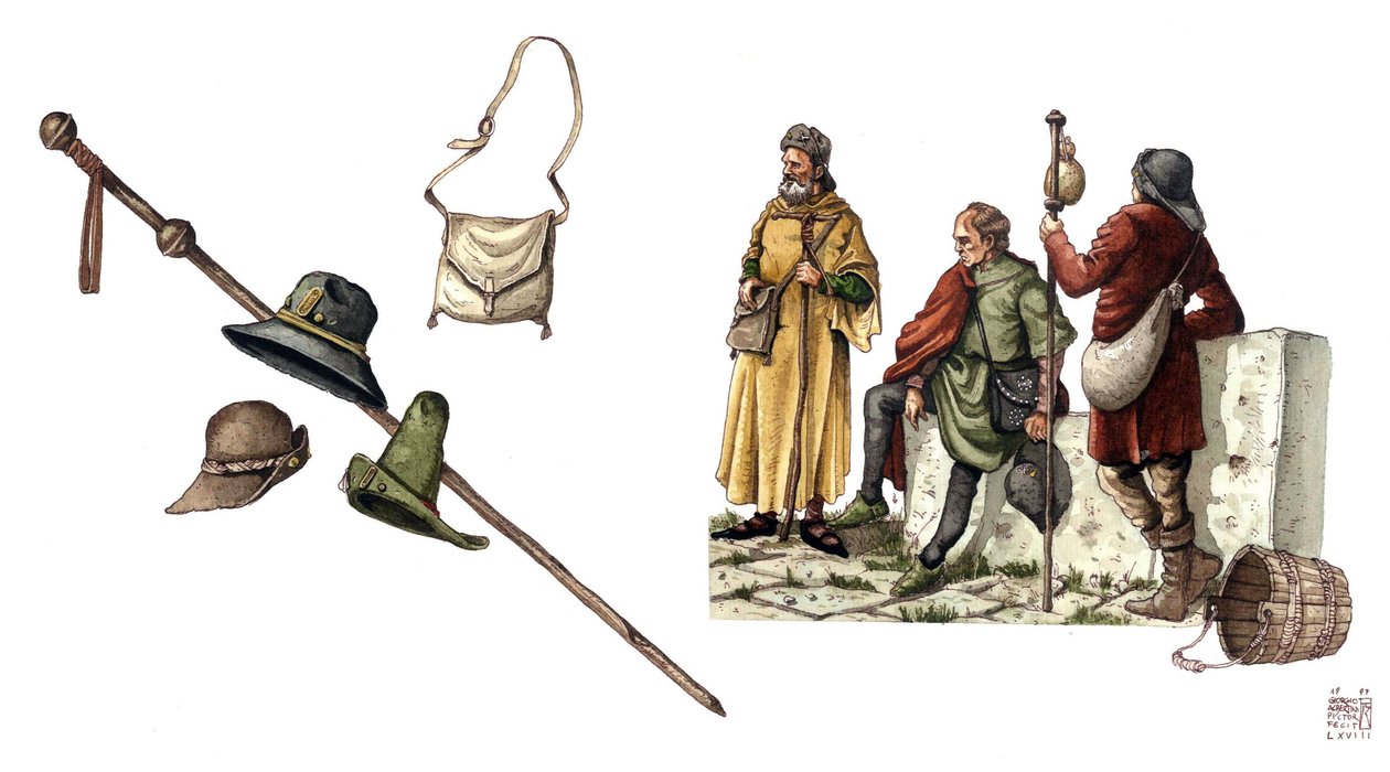Mittelalterliche Mode: Pilgerkostüm zwischen dem 12. und 14. Jahrhundert, Tasche, Hüte, Stock, Tuniken. von Giorgio Albertini
