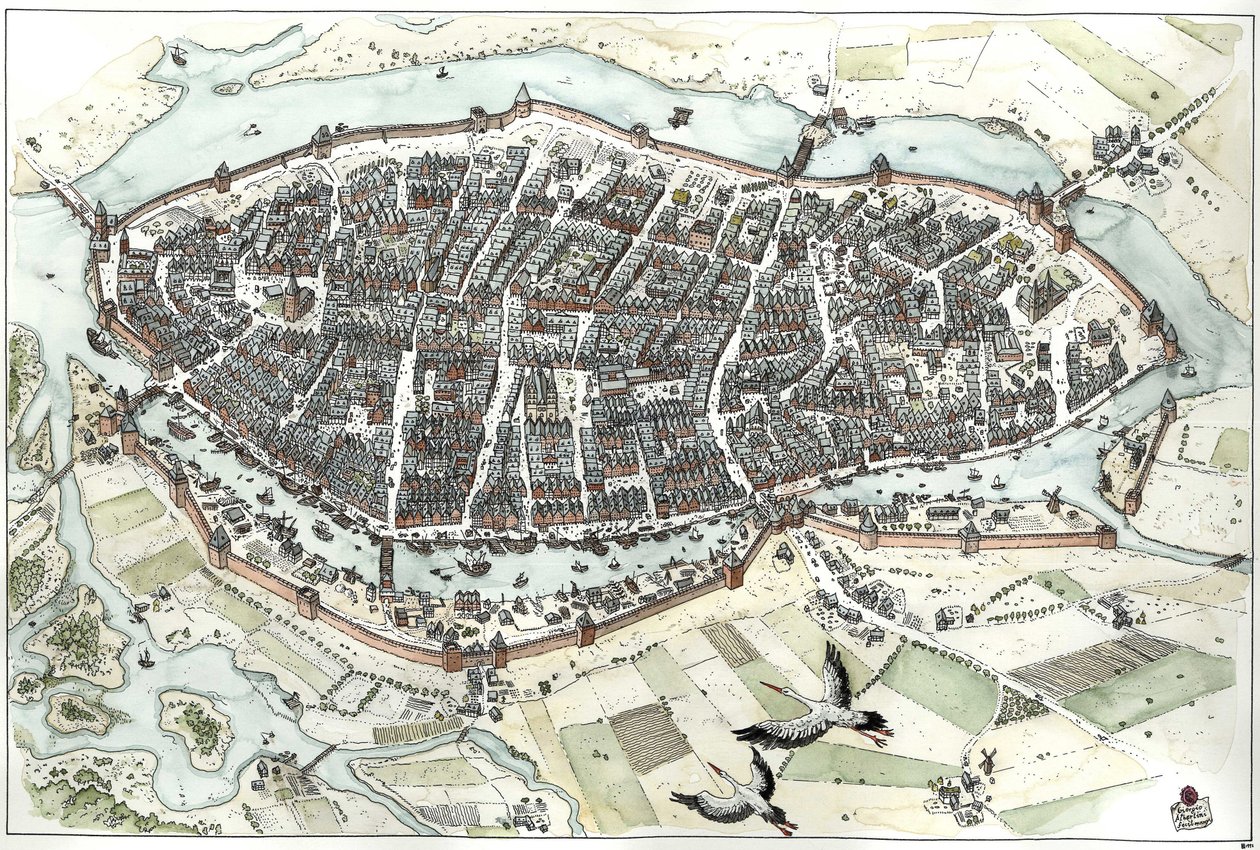 Mittelalter: Luftansicht der Stadt Lübeck in Deutschland mit Straßenkarte, die ihre geografische Lage auf einer Insel an der Mündung der Wakenitz und Trave zeigt. 15. Jahrhundert. Deutschland. Illustration von Giorgio Albertini. von Giorgio Albertini