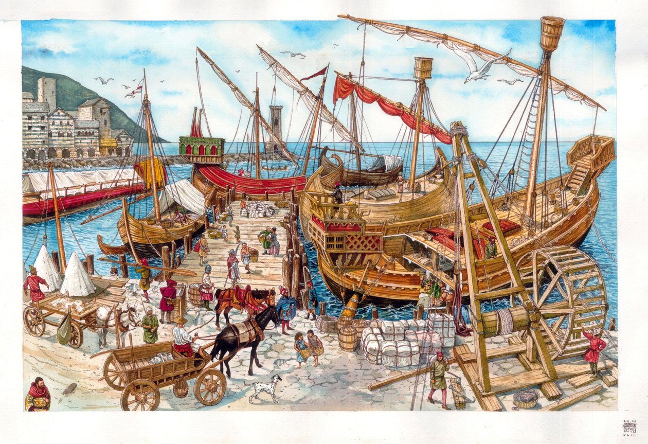 Mittelalter: Handelsaktivitäten, Beladen von Booten, in einem Hafen in der Region Ligurien, Italien, 14. Jahrhundert von Giorgio Albertini