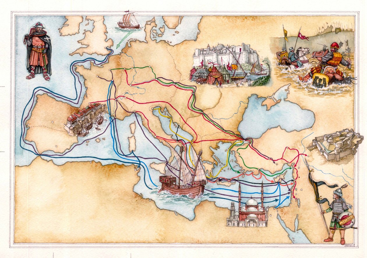 Mittelalter: Karte von Europa und dem Nahen Osten mit den Land- und Seewegen der Kreuzzüge von Giorgio Albertini