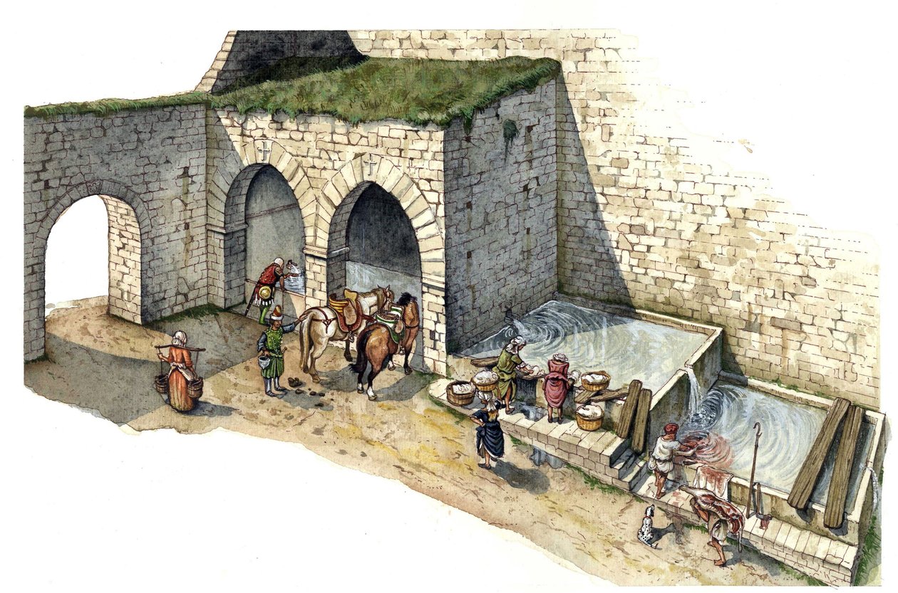Mittelalter: Rekonstruktion eines Brunnenhauses in Mittelitalien im 15. Jahrhundert. Es wird als Waschhaus, Wasserstelle und Wasserpunkt für die Stadtbewohner genutzt von Giorgio Albertini