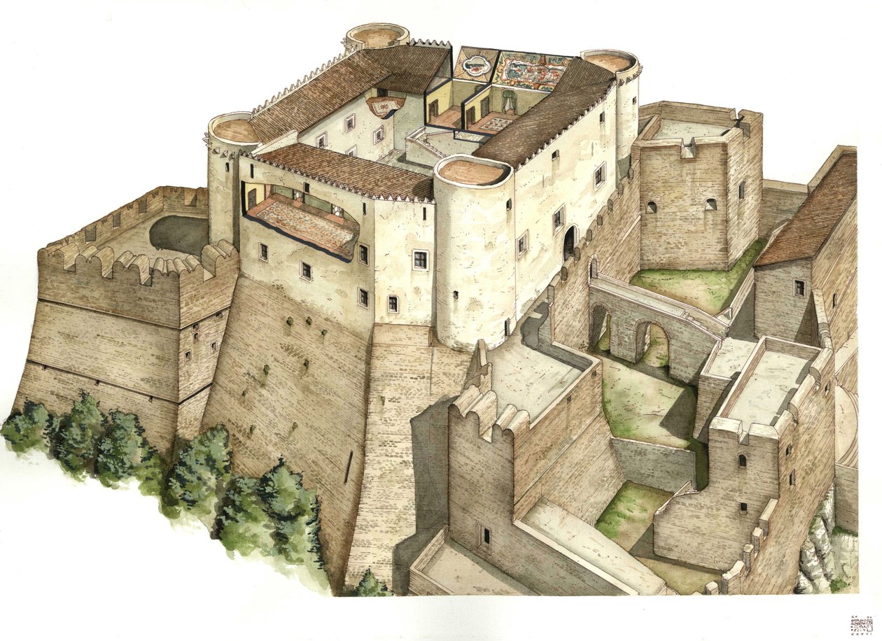 Mittelalter: Rekonstruktion der Burg Santa Severina, erbaut im 11. Jahrhundert, in Catanzaro, Kalabrien. Illustration von Giorgio Albertini. von Giorgio Albertini
